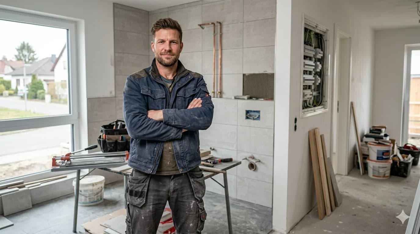 Stolzer Solo-Handwerker mit verschränkten Armen